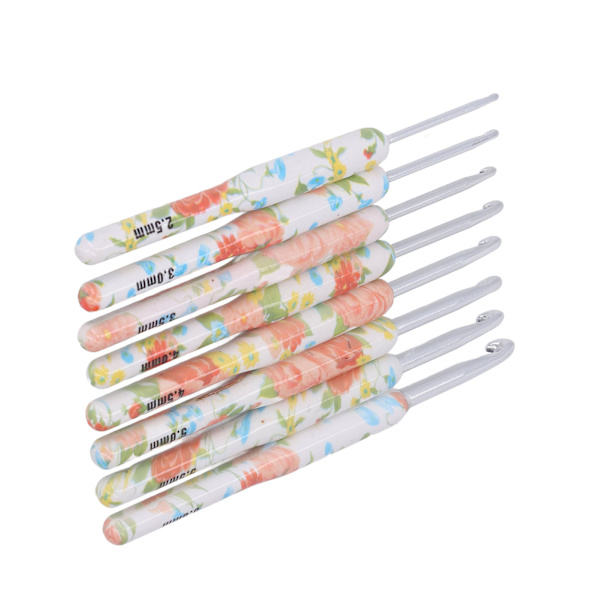 8 st Virknål Set Utskrift Aluminium Hantverk DIY Färgglad virknål Ergonomisk sticknål för stickare för sömnad Gul liten blomma