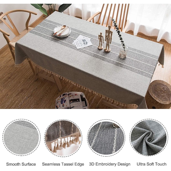 Broderad bomulls- och linneduk med pompom - Grå, rektangulär bordsduk och servettset för soffbord (140*220cm)