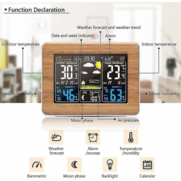 Färgskärm trådlös väderstation med barometer, väderprognos, alarm och multifunktionell klocktermometer Hygrometer (inomhus/utomhus)