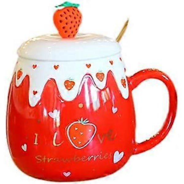 Fruktmugg med lock och sked 3D Söt Keramisk Kaffe Te Kopp Par Mugg Set Födelsedagspresent för Kvinnor Vän Älskare (röd jordgubbe, 500 ml)