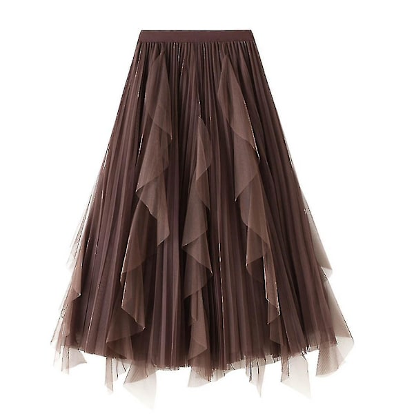 Brun Mesh Ruffle Tutu Lång Swing Kjol för Kvinnor