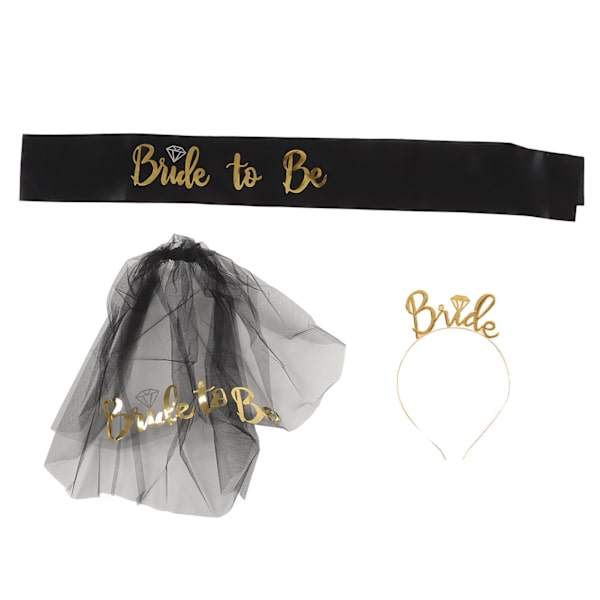 Bride to Be Tiara Glänsande Svart Brudbröllopsband Fringe Centre Layered Veil Sash Crown Bride to Be Gifts