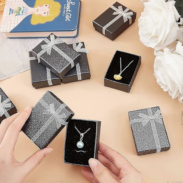 Rektangulär Presentask, 12 st 6,9 x 4,8 x 2,3 cm Små Smyckesaskar i Kartongpapper Presentfodral med Rosett för Örhängen Hängen Halsband Armband