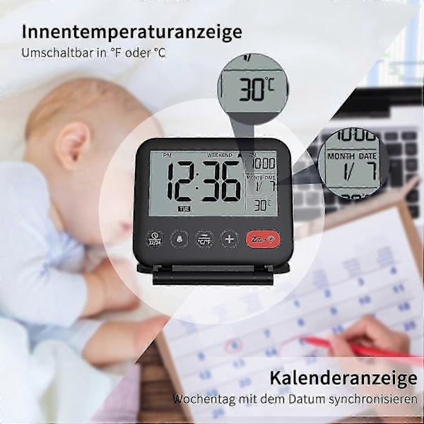 Digital Reseväckarklocka Mini Portabel LCD-skärm Klocka med Bakgrundsbelysning Kalender Temperatur Snooze 12/24H Sminkspegel, Liten Vikbar Batteridriven