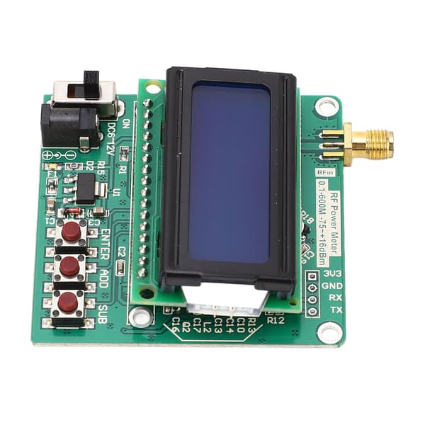 RF effektmåler digitalt display innstillbar effektdemping logaritmisk detektorforsterker -75 til +16dBm 6 til 12 VDC