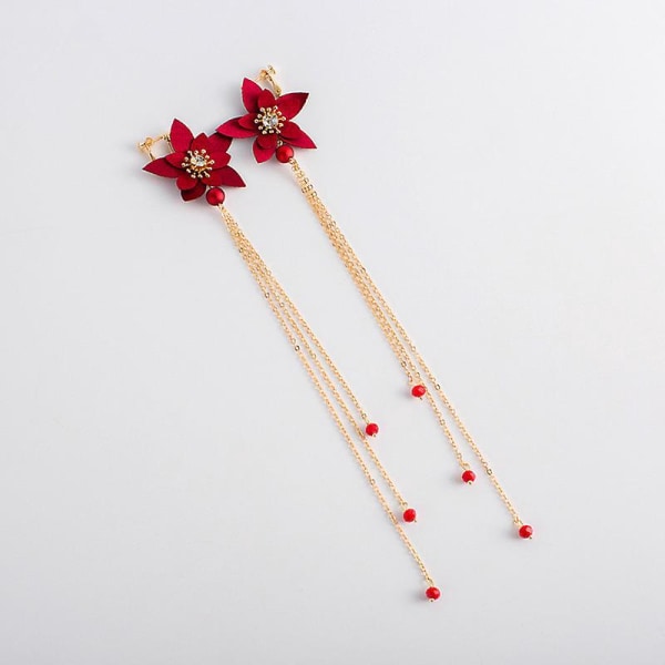 Brudesmykkesett med røde frynsede blomster, inkludert tiara, hårbånd og øredobber
