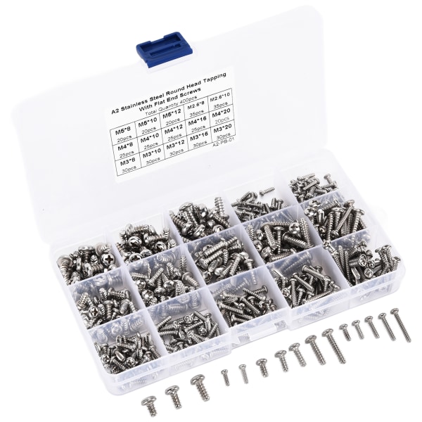400 stk. rustfrit stål skrue krydspanhoved selvskærende skruer Sortiment Kit Fastener