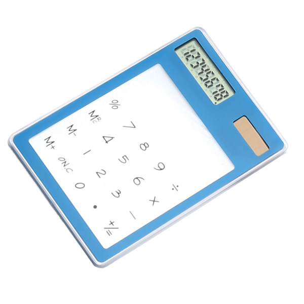 Solcelledrevet lommeregner med touchskærm, 8-cifret LCD-display, bærbar, transparent lommeregner til kontor, skole, hjem, blå