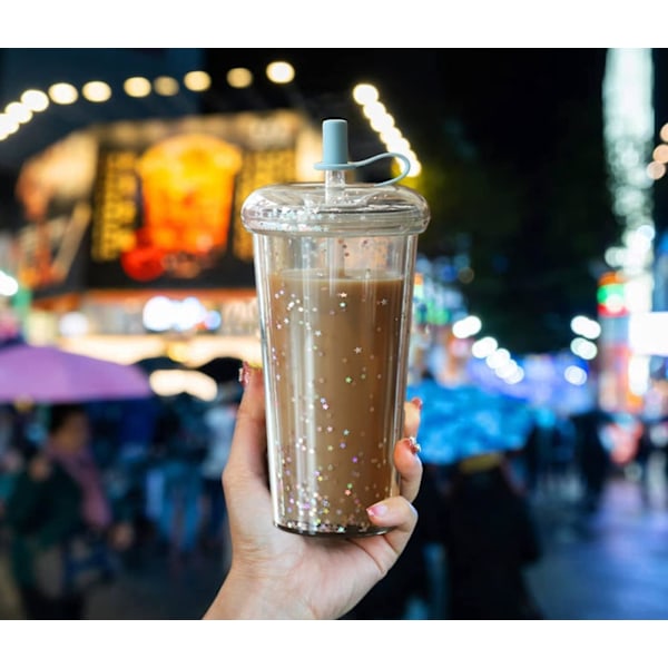 Donut Sugrör Mugg - 15oz Dubbelväggig Mugg för Resor - Genomskinlig Plastmugg för Iskallt Kaffe, Smoothies, Milkshakes - Kalla & Varma Drycker