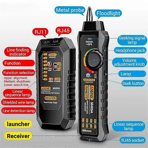 M469A Nettverkskabelfinner RJ45 RJ11 LAN Kabelfinner Tester Anti-Interferens Testinstrument
