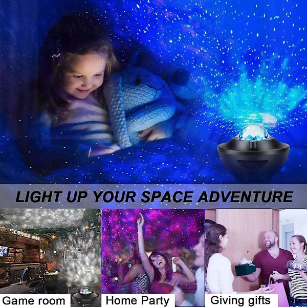 USB Natlampe med Bluetooth Musik, Stjernehimmel Projektion og Rotation - Sort