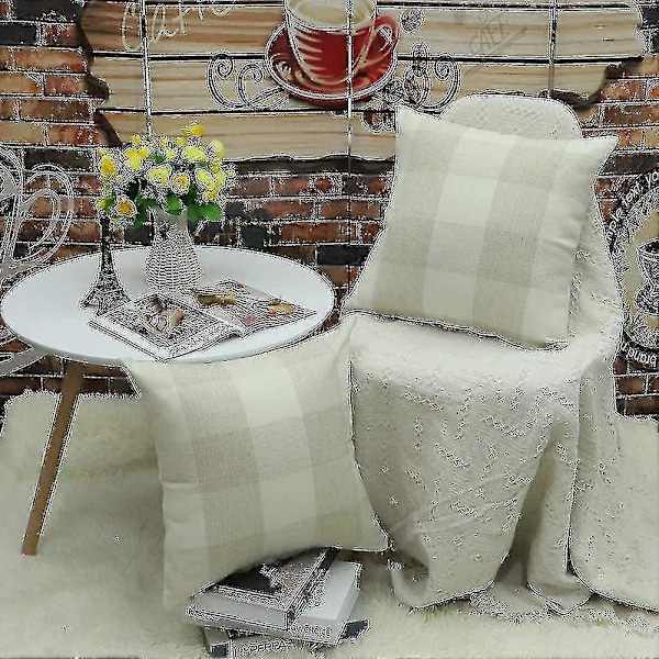 2 st Rutiga Tartan Linne Prydnadskudde Örngott Kuddfodral För Hemmet Zekai Beige och vit