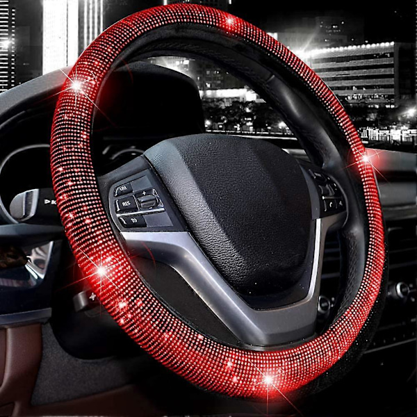 Rattmuff för Kvinnor, Bling Kristall Diamant Glittrande Bil SUV Rattmuff, Universal Passform 15 Tum (Röd Diamant)