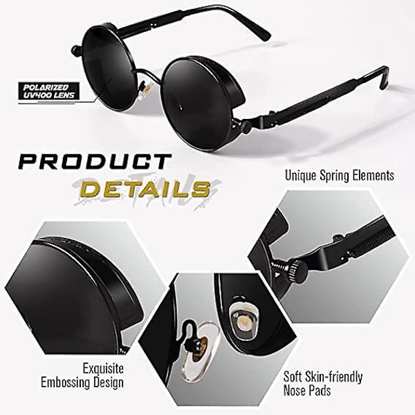 Runde polariserede retro solbriller i metal - UV400-beskyttelse, unisex
