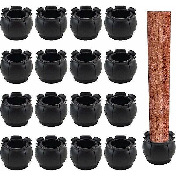 Runde skridsikre gummibensbeskyttere til stoleben med en diameter på 22 mm-25 mm (blomsterform, sort), Triomphe sort pakke med 16 stk.