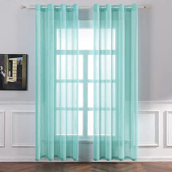 Sett med 2 lette voilegardiner med maljer, transparent utseende, gardiner laget av voile polyester, maljegardin, transparent, 132x213 cm (BxH), turkis