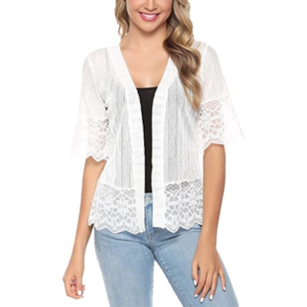 Lace Sheer Short Sleeve Open Front Bolero Shrug - Women's Summer Casual Cover Up S White