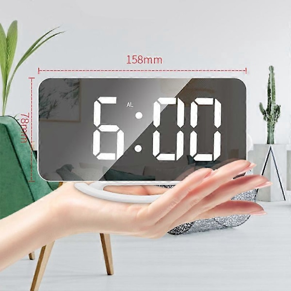 Digital väckarklocka, stor spegelvänd LED-display, med USB-laddare, snooze-funktion, dimläge, vägghängande bordsklocka för sovrum (Vit)