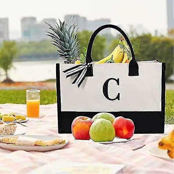 Personlig Strandveske i Canvas med Initialer - Monogrammert Tote Bag for Kvinner B