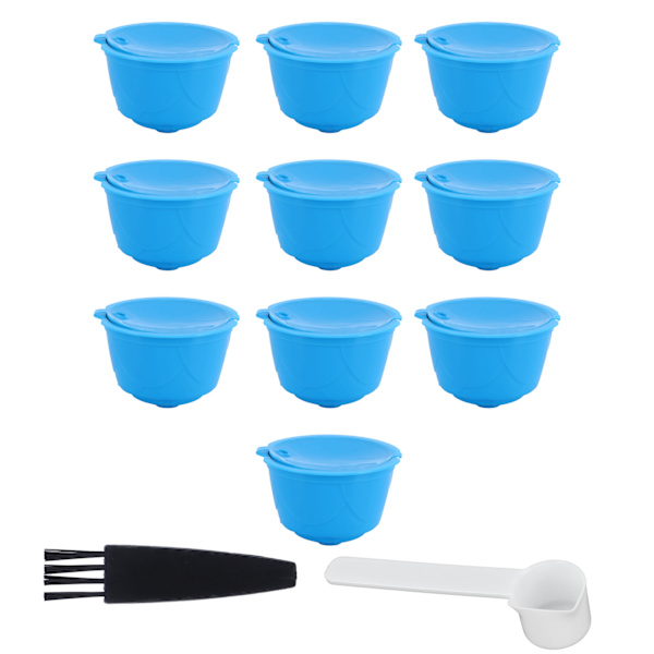 Påfyllningsbar kaffekapsel filterkopp kit tillbehör för DOLCE GUSTO kaffemaskin (Blå 10 kapslar 1 sked 1 borste)