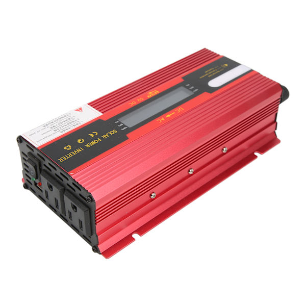 Punainen modifioitu siniaaltotehoinvertteri DC 12V/24V AC 110V:iin, jossa kaksi AC-pistorasiaa, USB-latausportti ja LCD-näyttö