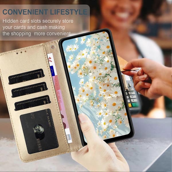 Leather Case with Embossed Daisy Pattern, Wallet Stand, Protective Phone Cover for Samsung Galaxy A56 5G Gold
