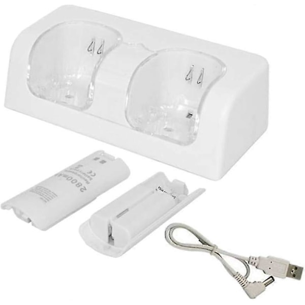 Dobbelt Opladestation til Nintendo Wii Remote-kompatibilitet, Wii Opladestation, Nintendo Gamepad Oplader med 2 x 2800 mAh Genopladelige Batterier