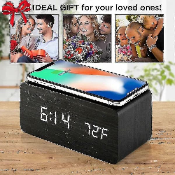 Multifunctional LED Digital Electronic Alarm Clock Desk Charging Clock Wireless Charging Digital Wooden Clock White