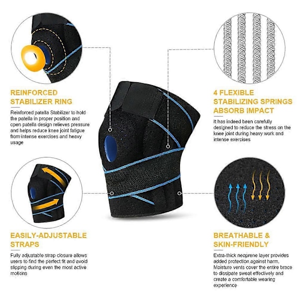 Sports Knæbandage, Knæbandage med Laterale Stabilisatorer og Gummipuder, Justerbar Patella- og Ligamentknæbandage, Sports Patella-Knæbandage til Knæ