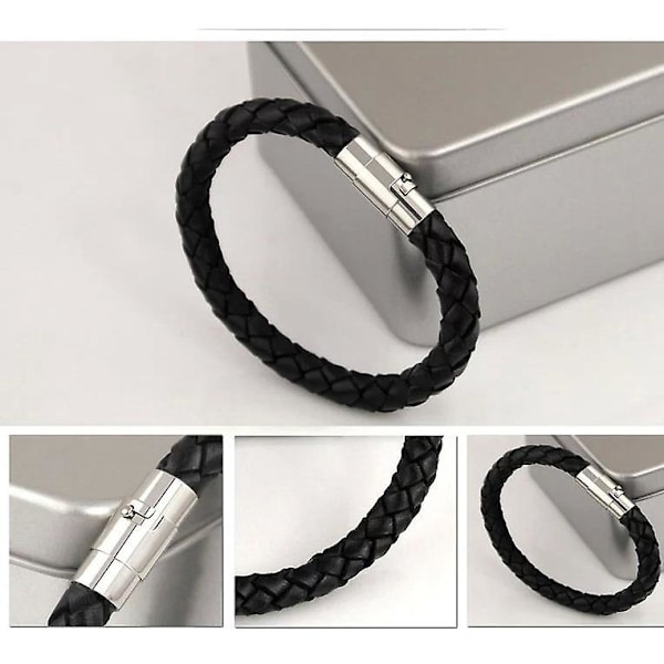 Sort Flettet Læderarmbånd - Mænds Magnetisk Spænde Armbånd i Rustfrit Stål