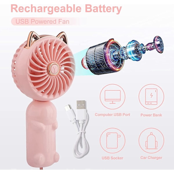 Dww-Mini portabel fläkt med uppladdningsbart batteri och 4 hastigheter, liten söt personlig elektrisk fläkt för flickor/kvinnor/barn utomhus