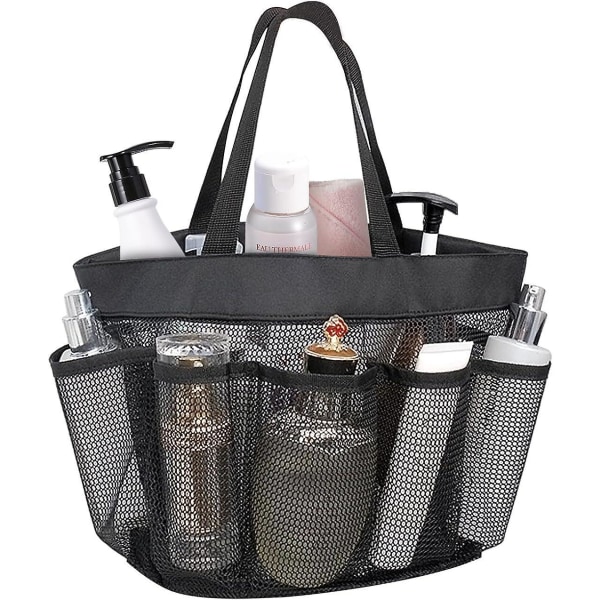 Bärbar mesh i nät med flera fack med vikbar duschväska och handtag för camping, hemförvaring, toalettartiklar och kläder (svart)