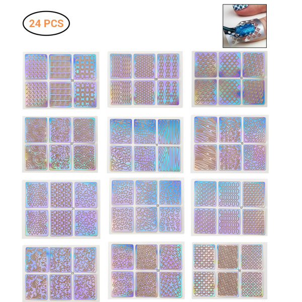 24 ark DIY Nails Stempling Mal Nail Stickers Irregular Grid Stencil Gjenbrukbare Nail Art Vinyler Hule Stickers