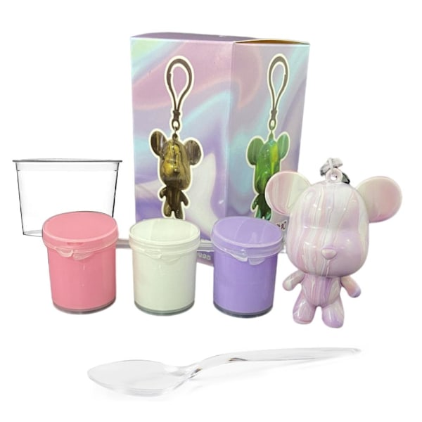 DIY Fluid Bear Keychain PVC Vinyl Handmade Cute Bear Painting Toy Kit for Home Decorations Painting Crafts Gifts Light Purple Pink White