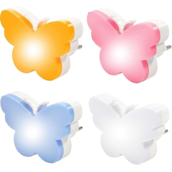 LED Barnlampa Nattlampa, Set med 4 Nattlampor med Automatisk Ljussensor Plug and Play Nattlampa för Trappor, Garage, Kawaii Deco Present (fjäril)