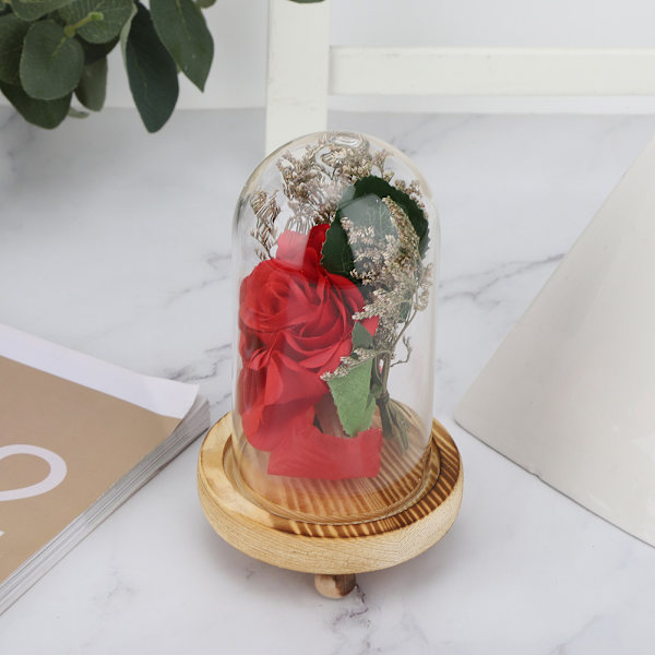 Glaskuppel Kunstig Rose Blomster Dekoration Ornament til Valentinsdag Gave Hjem Indretning