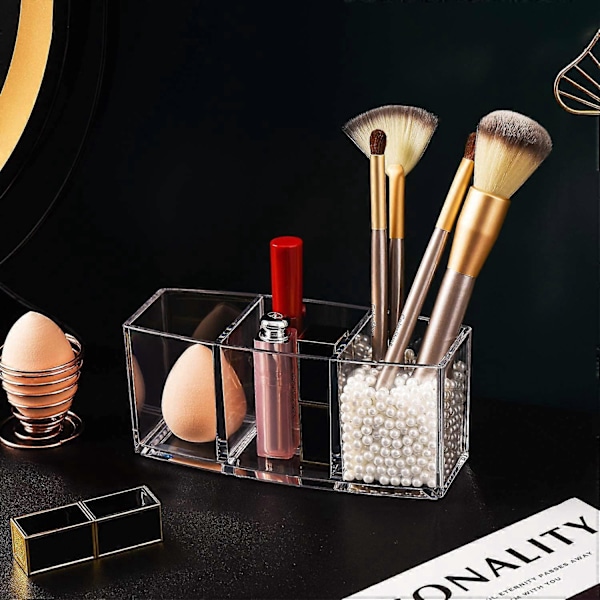 Akryl Makeupbørsteholder Organizer med 3 rum, Øjenbryns Eyeliner Blyant Display Case til Toiletbord, Sminkebord, Bordplader, Klar