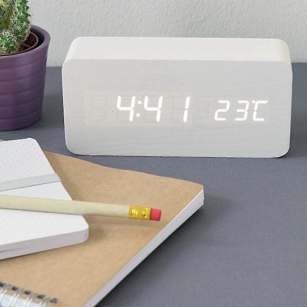 LED Väckarklocka i Trä - Digital Klocka med Träutseende - Touch Väckarklocka med Datum, Tid och Temperaturfunktion - Vit Rektangel och Vit LED