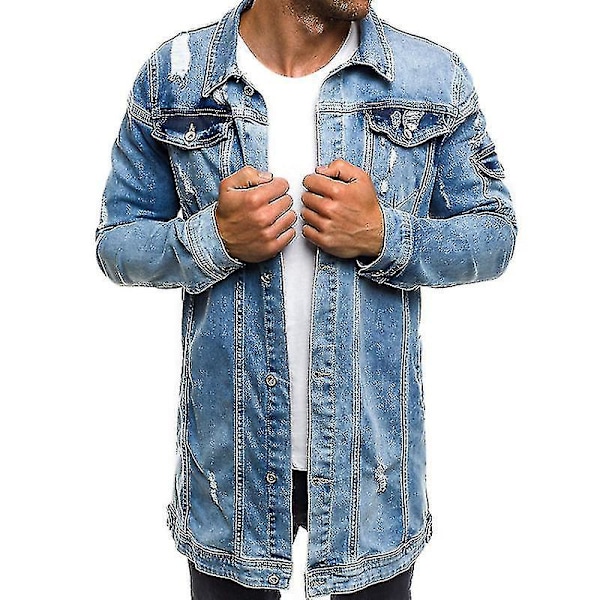 Fashionable Men's Long Ripped Denim Jacket for Spring and Autumn XL BLUE