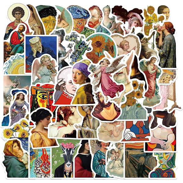 50 stk. Kunst Berømte Maleri Klistremerker for Vannflasker, Klassiske Kunstner Klistremerker for Voksne Barn Tenåringer, Laptop, Scrapbook, Vannflasker, Journal, Telefon,