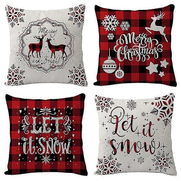 Merry Christmas Design Pyntepudebetræk Dekorative Pudebetræk 4 stk. - hvidrød