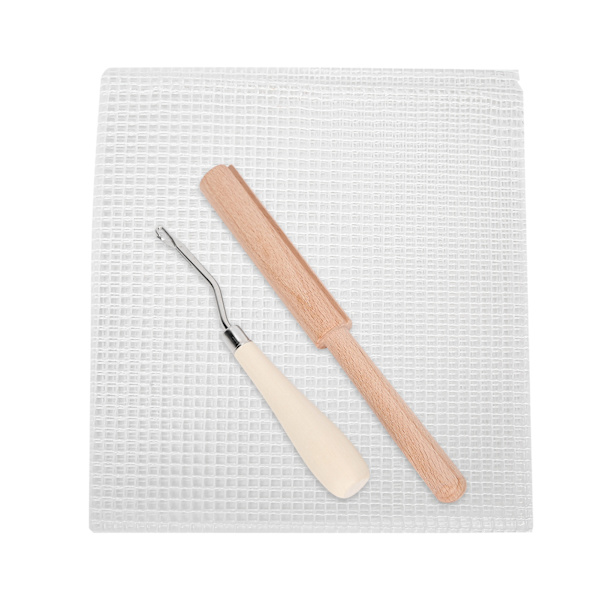 Mesh stof DIY håndlavet tæppe vævet gitterstof materiale 50x50cm træhåndtag hækling