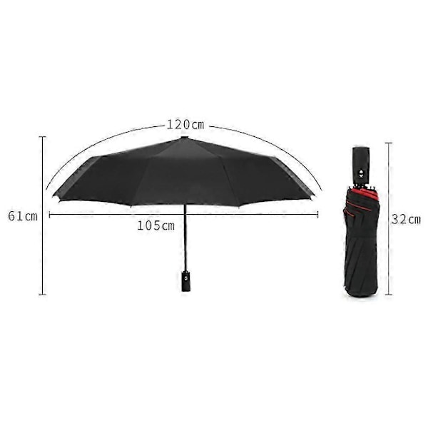 Automatisk Åbning og Lukning 10 Ribber Dobbelt Lag Vindtæt Paraply Foldbar Parasol Sort