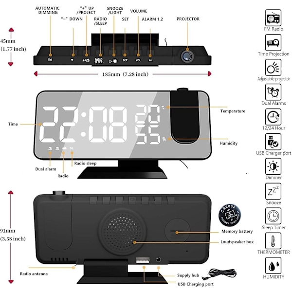 Projektor med radio, digital klocka, USB-radio med dubbla alarm och 7 LED-spegelskärm, Snooze, 4 ljusstyrkenivåer, 12/24h, 15 volymnivåer, för hem, kontor