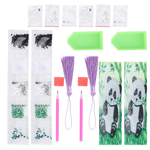 2 Set Diamond Bokmärken 5D DIY Målning Kristall Fancy Form Rund Hängande Hantverk Panda Mönster