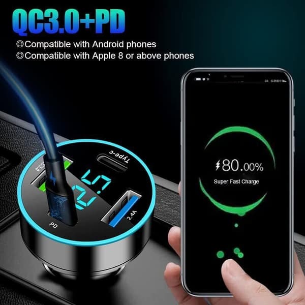 4-ports USB-biloplader, 20W hurtig USB-cigarettænderoplader Dual PD & QC3.0 USB-cigarettænderstik med LED-voltmeter, sort