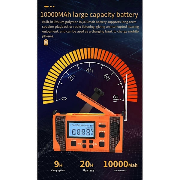 Nødradio for vær, 10000MAh Værvarslingsradio med solcellelading