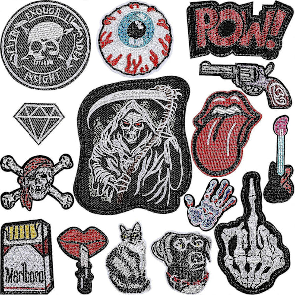 15 Stycken Cool Design Broderi Stryk-på-lappar, Broderi Självhäftande Stryk-på-lappar Sy-på-lapp Dekaler för Kläder, Ryggsäckar, Jackor, Jeans,
