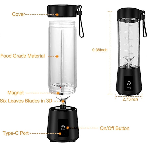 Kannettava tehosekoitin, tehosekoitin smoothien valmistukseen, minitehosekoittimet smoothieille ja pirtelöille, 400 ml tuoremehun tehosekoitinpullo, 4000 mAh henkilökohtainen tehosekoitin USB-latauksella