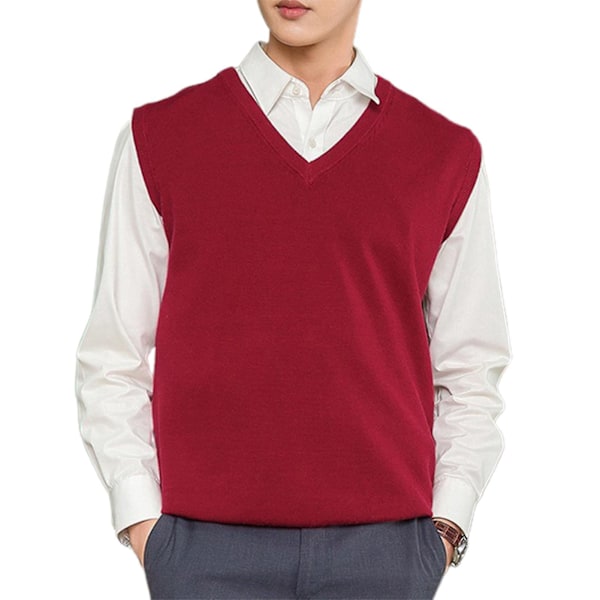 Red V-Neck Sleeveless Men's Sweater Vest Loose Fit Warm Pullover 3XL